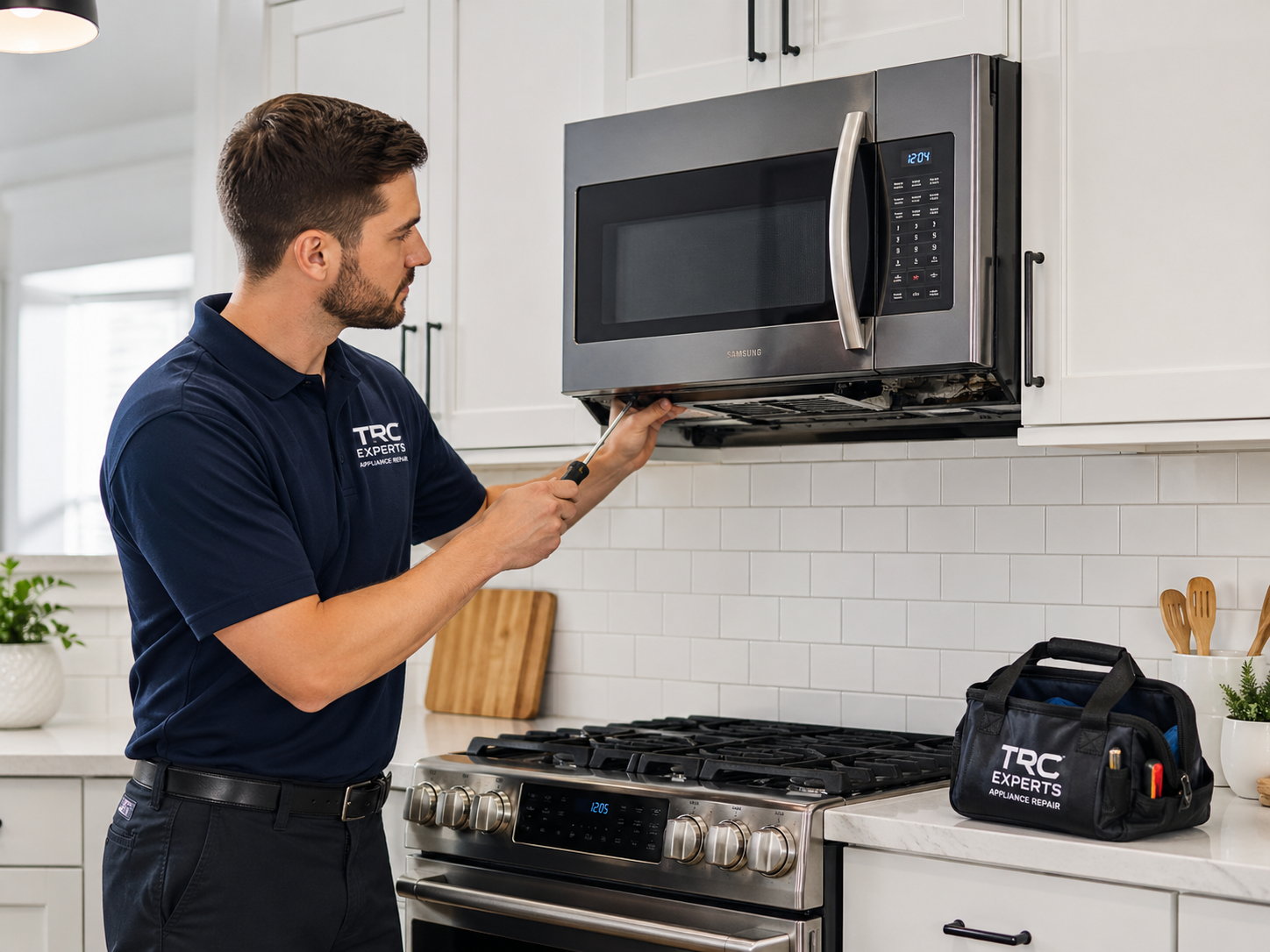 Over-the-range microwave installation in a modern kitchen