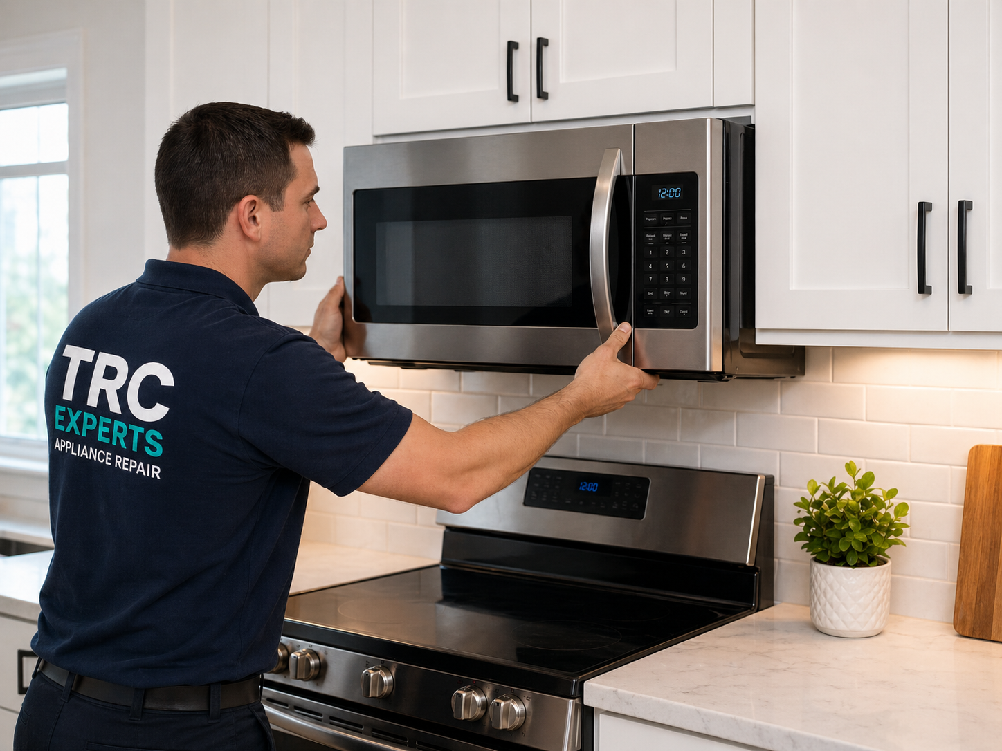 TRC Experts technician repairing an over-the-range microwave
